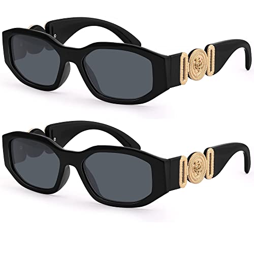 ZMNVEG Sunglasses Womens 2 Pack Mens Retro 90s Rectangle Small Sunglasses for Ladies Fashion Trendy Design Sun Glasses Vintage Small Square Frame UV400 Protection Eyewear with Case
