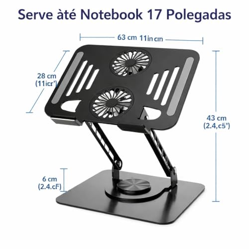 Suporte para Notebook de até 17” em Aço Carbono, Ajustável, Dobrável, Base Giratória 360° e Ventilação 2 coolers, Ergonômico e Portátil para Home Office e escritório, também para tablets e celulares