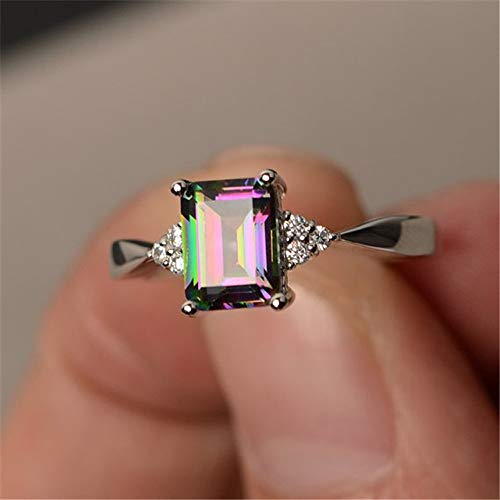 Haluoo Lightning Rings, Women’s Silver Princess Cut Mystic Rainbow Rings Square Diamond Engagement Rings Jewelry Gift (6, Silver)