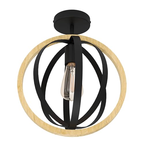 Eglo Plafonnier Basildon, lampe de plafond rond pour salon et chambre, FSCM70HB, luminaire avec cercles en bois naturel et métal noir, douille E27