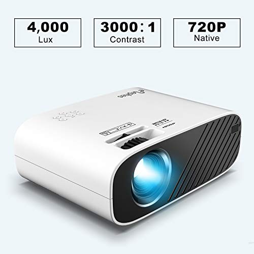 ELEPHAS Mini Movie Projector, with 4000 Lux Brightness and 50,000 Hours LED Lamp Life, Supports Full HD 1080P and 200″ Display, Compatible with USB/HDMI/VGA/Laptop, Ideal for Video Game Home Theater