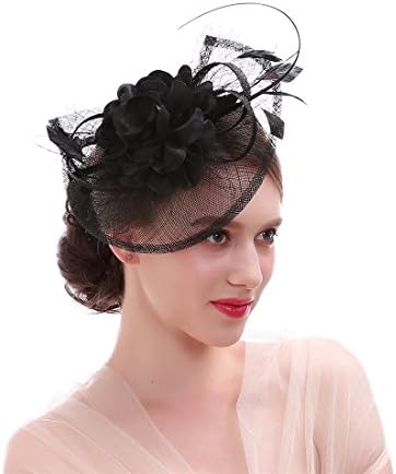 FIRYIN Sinamay Feather Fascinator Headband Flower Derby Hat For Women (Black)