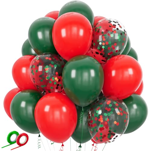 Red and Green Balloons 50 Pcs 12 Inch Christmas Latex Balloons Set Green Red Confetti Balloons with 2 rolls of ribbon for Christmas Holiday Party Decoration