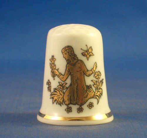 Porcelain China Collectable Thimble - Gold Signs of the Zodiac -- Virgo the Virgin - Free Gift Box
