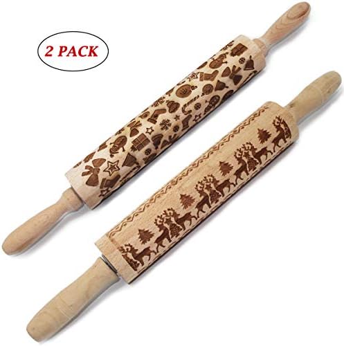 Christmas Wooden Rolling Pin, (2 PACK) Awakelion Premium Beech Wood Engraved Embossing Rolling Pin with Christmas Symbols for Homemade Christmas Cookies