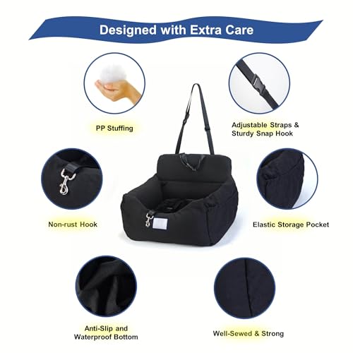 KAPEICamper Pet Dog Car Booster Seat for 2 Small Dogs, Portable Pet Travel Safety Car Seat, Waterproof Dog Travel Bed Bag, Portable Folding Carrier with Seat Belt Removable/Adjustable (Black, Medium)
