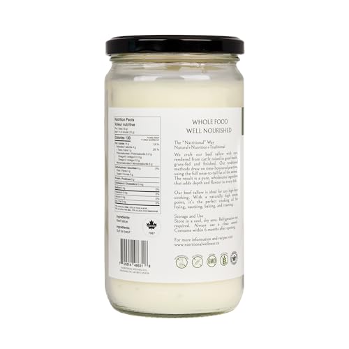 Canadian Beef Tallow in Glass Jars, Grass-Fed, Grass-Finished, Kidney Suet, 24 oz, 600 g, 750ml, Product of Canada, Ontario Made