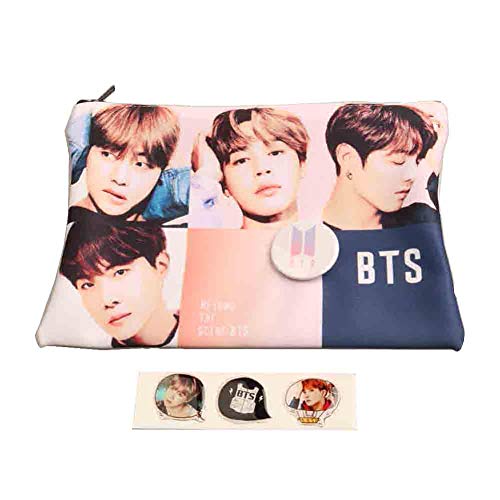 Bts Kpop Group Photo Pouch Pencil Case with 1 Button Badge and 1 Epoxy Sticker