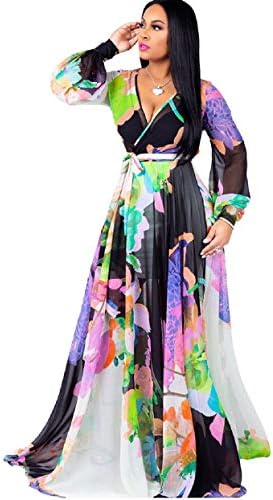 lvenzseWomens Maxi Dress Boho Chiffon Floral Printed Long Party Dresses Plus Size with Belt (FBA)