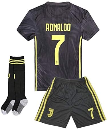 18-19 Season Juventus #7 Ronaldo Kids Or Youth Away Color Black Soccer Jersey & Shorts & Socks
