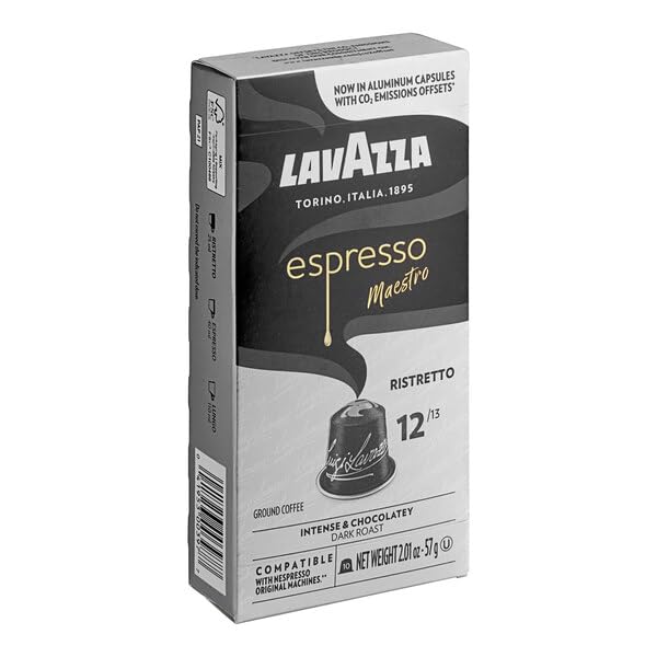 LAVAZZA ESPRESSO RISTRETTO DARK ROAST ARABICA & ROBUSTA ALUMINUM CAPSULES COMPATIBLE WITH NESPRESSO ORIGINAL MACHINE, 10 COUNT, INTENSE AND FULL BODIED, DARK CREMA, INTENSITY 12 OF 13