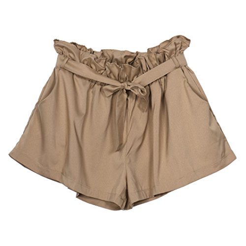 BSGSH Women Shorts Casual High Waist Casual Frill Loose Self-Tie Belted Shorts With Pockets (S, Khaki)