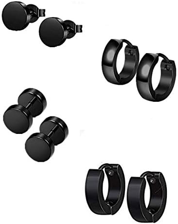 Mannli 4 Pairs Stainless Steel Stud Earrings for Men Women Hoop Earrings Huggie Piercing, 4 Styles