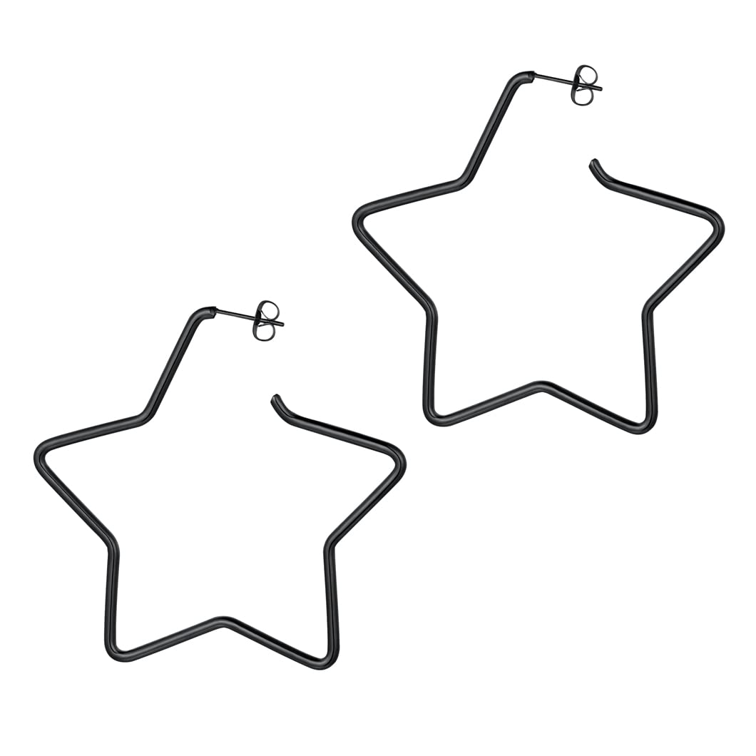 Richsteel Black Star Large Hoop Earings for Women Stainless Steel Exaggerated Party Ear Jewellery Girls Pentagram Loop Earrings 60MM