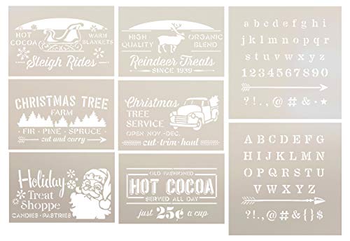 Christmas 8 Part Stencil Set by StudioR12 | Santa Claus Reindeer Hot Cocoa Tree | Reusable Mylar Template | Paint Wood Signs | Craft Winter Holiday Home Decor | DIY Gift - Scrapbooking - Journaling