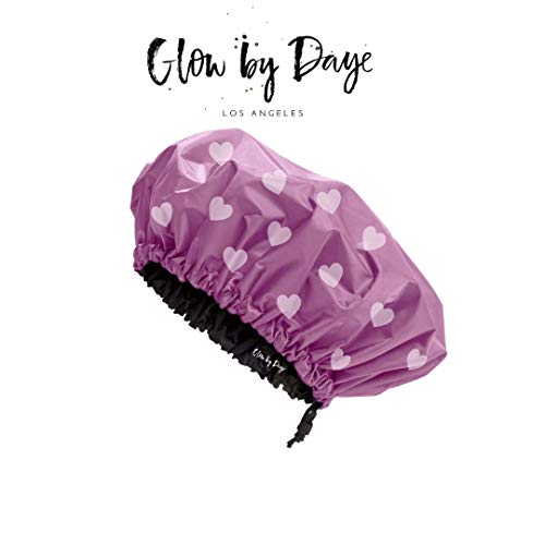 Large Satin Lined Shower Cap- Adjustable, Waterproof, Satin Interior for Hair Protection, Designed for Large, Long, or Natural Hair, Reusable Cap by Glow by Daye (Pink Hearts/Lavender