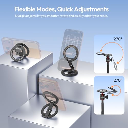 ULANZI MA02 Dual Magnetic Ring Phone Grip Stand, Aluminum for MagSafe Gym Kickstand Compatible with iPhone 17-12 Series, Foldable Phone Tripod Mount with 1/4" Screw for Live Streaming Vlog