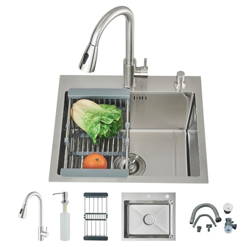 TVTIUO Kitchen Sink, Multifunctional Kitchen Sink with Pull Out Tap and Soap Dispenser, Brushed Finish (50 x 45 cm)