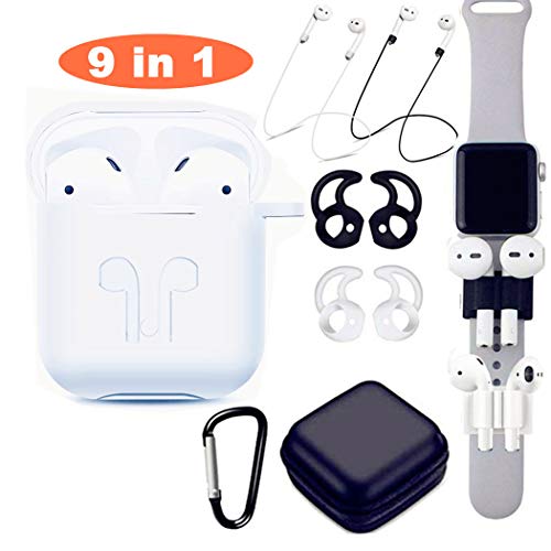 Airpods Case, Airpods Accessories Set,9 in 1 Protective Silicone Cover and Skin Compatible Apple Airpods with Anti-Lost Airpods Strap,Airpods Ear Hook/Watch Band Holder/Keychain/Carrying Box (White)