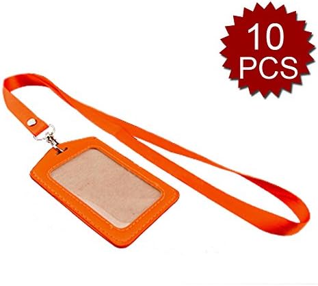 Officeship 10 Vertical Faux Leather Business ID Credit Card Badge Holder with 36" Round Length Neck Strap Lanyard-Orange