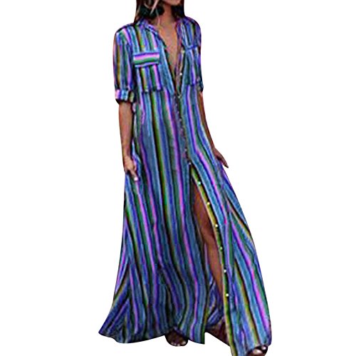 Women Multicolor Striped Buttons Lapel Half Sleeve Long Dress Casual Cocktail Club Party Robe Dresses Beach Sundress Blue - Thumbnail 7