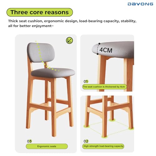 DAYONG Wooden Bar Chairs Set of 2, Bar Stools with Back Upholstered,Modern and Simple High Bar Stools, Chairs For Home Kitchen Restaurant Counter (Light Khaki, 65CM - 2Pcs)