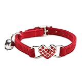 BINGPET BA3009 Soft Velvet Safe Cat Adjustable Collar with Crystal Heart Charm and Bells , Red