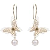 Solighter Hollow Mesh Butterfly Pearl Earrings Dainty Rhinestone Butterfly Dangle Earrings for Women Party Jewelry