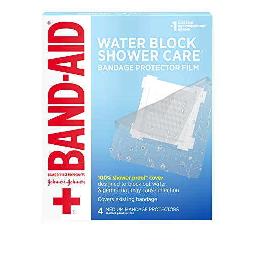 band-aid brand primeros auxilios bloque de agua cuidado de la ducha protector de vendaje transparente, tamaño mediano, 4 u