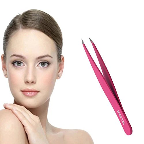 Precision Tweezers for Eyebrows - FEITA Professional Stainless Steel Slant & Pointed Eyebrow Tweezer Set with Travel Case for Woman Facial Hair Removal Clip (Pink - 2 Pcs) - Thumbnail 2