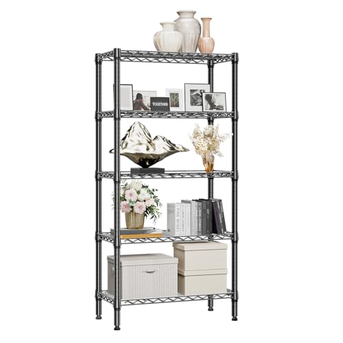 M MZG 5 Tier 1200 lbs Metal Storage Shelf, Wire Shelf, Heavy Duty Closet Organizers for Garage, Kitchen, Bathroom, Laundry, Black, 13.8"