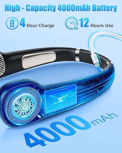 Neck Fan with Cooling - Quiet Neck Fan USB, Portable Neck Fan Lightweight, Rechargeable Neck Fan with Battery 4000 mAh, Small Neck Fans Strong 5 Levels Neck Cooler for Office, Travel, Sports
