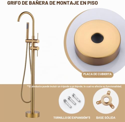 ARCORA Floor Bathtub Faucet with Shower, Independent 360° Swivel Bath Tap, Copper and Stainless Steel, Ceramic Cartridge, 2 Handling Modes, Floor Installation, Gold