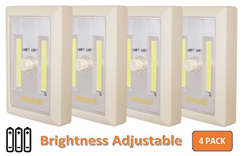 [New Version] 4-Pack Dimmable Battery Included COB LED Cordless Switch Light, Adjustable Brightness, Tap Light, Battery Operated LED Night Light, Battery & Adhesive Strip (Included), Cream