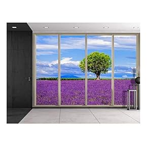 Wall26 - Lone Tree on a Purple Field of Flowers Viewed from Sliding Door - Creative Wall Mural, Peel and Stick Wallpaper, Home Decor - 66x96 inches