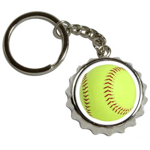 Softball - Nickel Plated Metal Popcap Bottle Opener Keychain Key Ring
