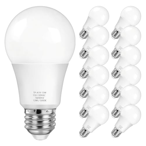 MAXvolador A19 LED Light Bulbs 1500 Lumens, 100-125 Watt Equivalent LED Bulbs, 5000K Daylight White 13-Watt, Standard E26 Medium Screw Base, Non-Dimmable, No Flicker, Pack of 12