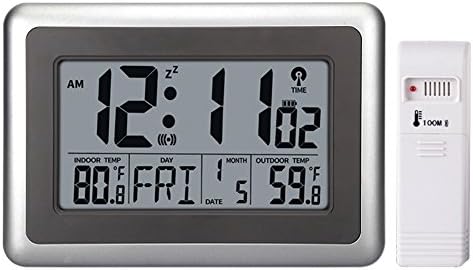 OCEST Digital Wall Clock,Desk Alarm Clock Large LCD Display Battery Operated with Wireless Sensor Indoor/Outdoor Temperature Date Calendar Snooze Table Standing (Silver)