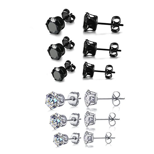 6 pair stainless steel mens womens stud earrings set black and cl…