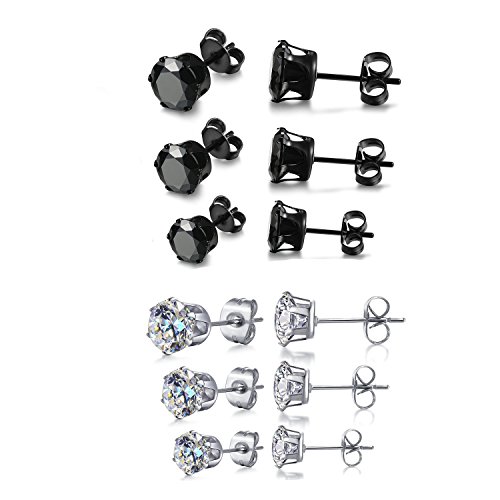 6 Pair Stainless Steel Mens Womens Stud Earrings Set Black and Clear Round Cubic Zirconia Inlaid Pierced Hypoallergenic 6-8mm(12PCS,3 Pairs Black,3 Pairs Clear)-Only 4.98$ Promotion Limited Time (Best Price Diamond Stud Earrings)