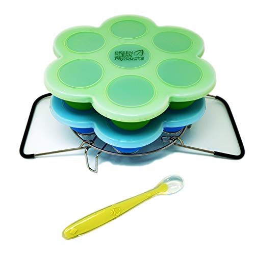 2 Silicone mold egg bites and steamer rack with handles | 6 & 8 qt instant pot & pressure cooker accessory | Reusable food storage & freezer tray with lid | 2 sets, 2 lids, 1 spoon, free e-cookbook