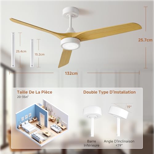 Ateroll Ventilateur Plafond Télécommande Lustre Ventilateur de Plafond Silencieux, Ø132 cm en ABS, Ventilateur Dimmable Plafonnier 6 Vitesses, Minuterie 3 Températures LED Chambre, Salon & Terrasse