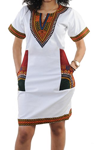 Makkrom Women's African Vintage Floral Dashiki Tribal Short Dress (Large, White)