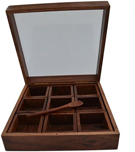 Raun Harman Wooden Nine Container Spice Box with One Spoon and Transparent Glass Lid by Raun Harman