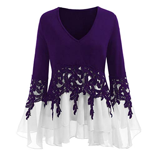 iTLOTL Fashion Womens Casual Applique Flowy Chiffon V-Neck Long Sleeve Blouse Tops(PurpleÂ ,US-18/CN-XXXXL)