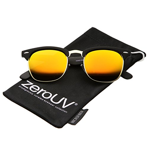 zeroUV - Rubberized Mirror Polarized Lens Half Frame Sunglasses 49mm (Rubberized Black-Gold / Orange Mirror)