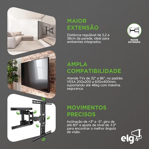 ELG, A02V6N, Suporte de TV Articulado de Parede Para TVs Planas e Curvas de 75" a 86", Inclinação Horizontal e Vertical, Peso Máximo de 46 Kg, Preto