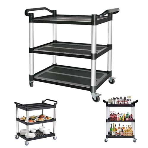 3-Tier Utility Carts with Wheels, Black Rolling Service Cart or Office Warehouse Garage Workshop Restaurant, 400lbs Capacity 80 * 42 * 96Cm