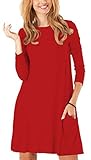 Women's Long Sleeve Pockets Casual Swing Plain T-shirt Dress (M, Red)