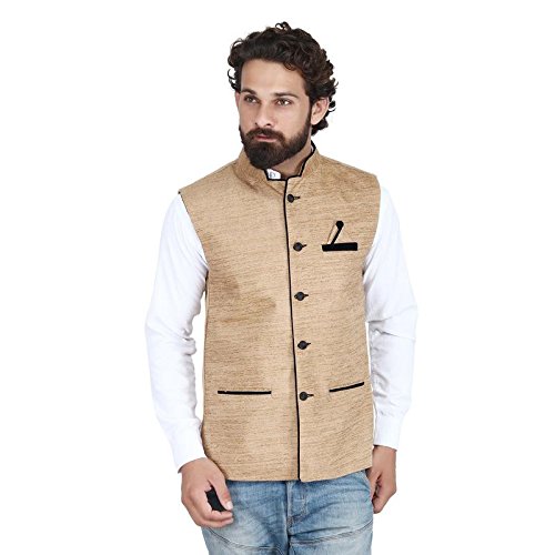 jetfire solid beige men's velvet waistcoat | nehru jacket - modi jacket